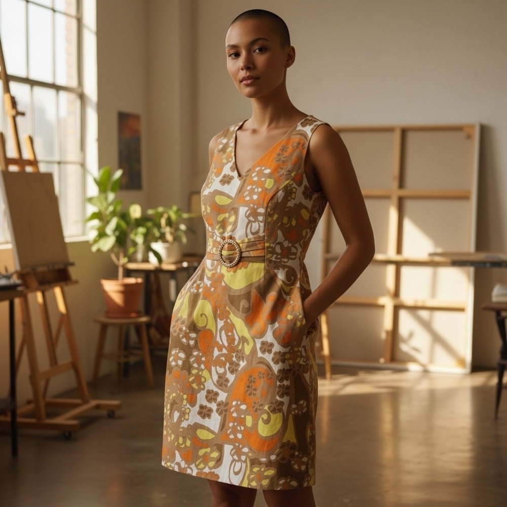 Tahari Arthur S Levine Floral Print V Neck Sleeveless Belted Lined Dress 10P NWT
